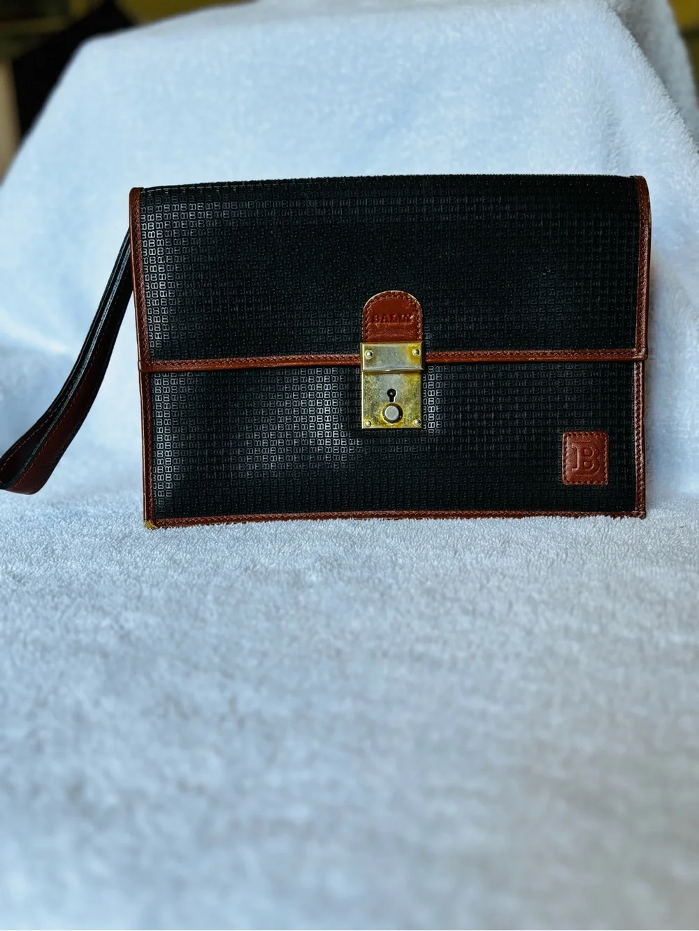 Bally Black Leather Wristlet with Brown Leather Trim and Brass Lock Accent - Picture 1 of 9